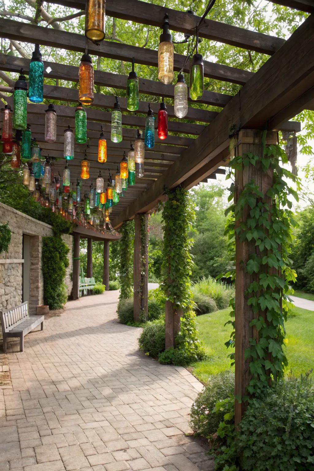 Recycled glass bottles create an enchanting and eco-friendly display.