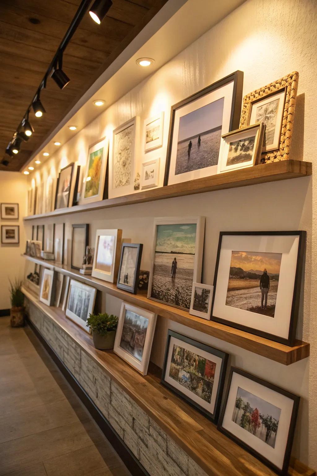 A picture wall offering an easily interchangeable shelf display.