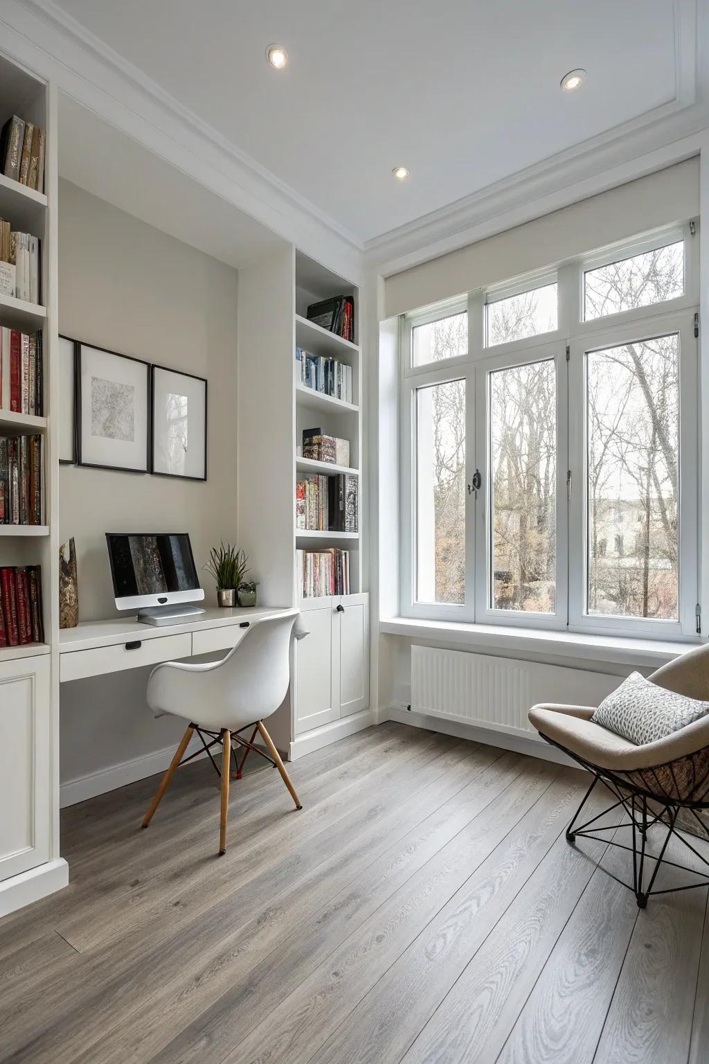 Simple vinyl floors keep studies focused and clutter-free.