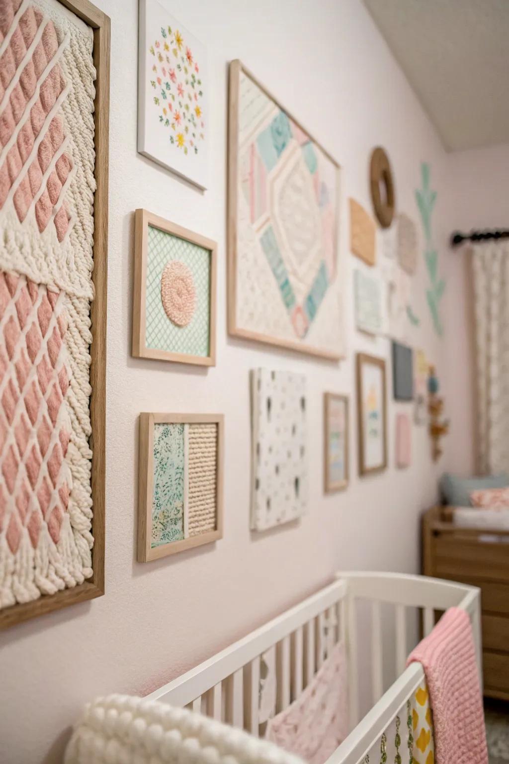 Textured wall art contributes depth and persona within the nursery.