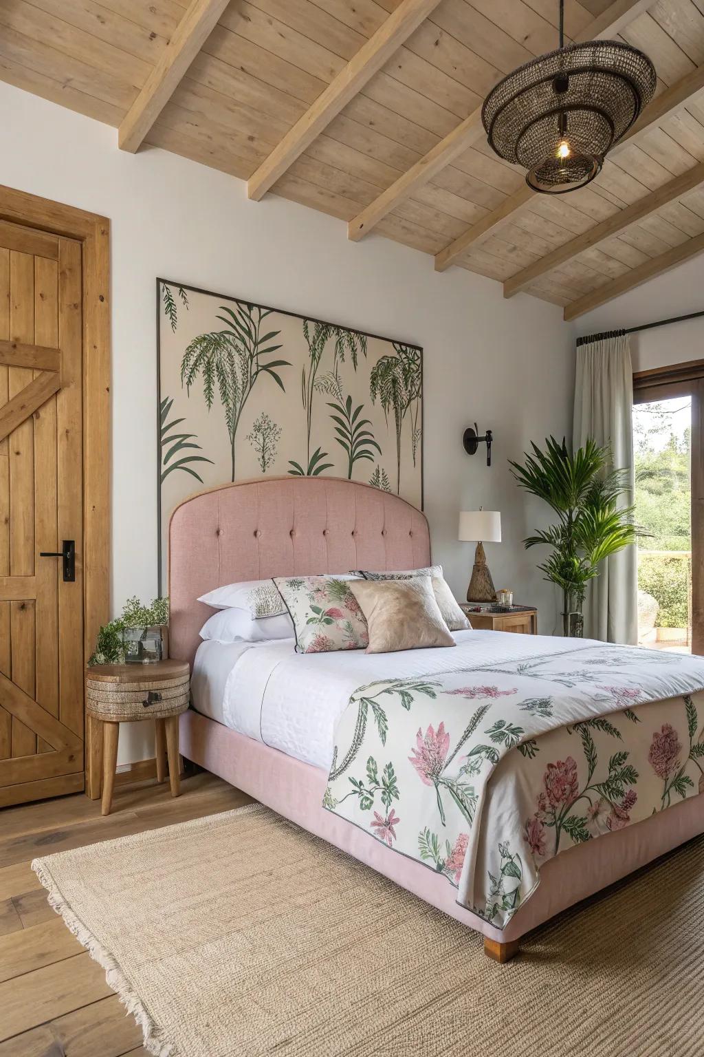 A refreshing and serene bedroom featuring a pink botanical print headboard.