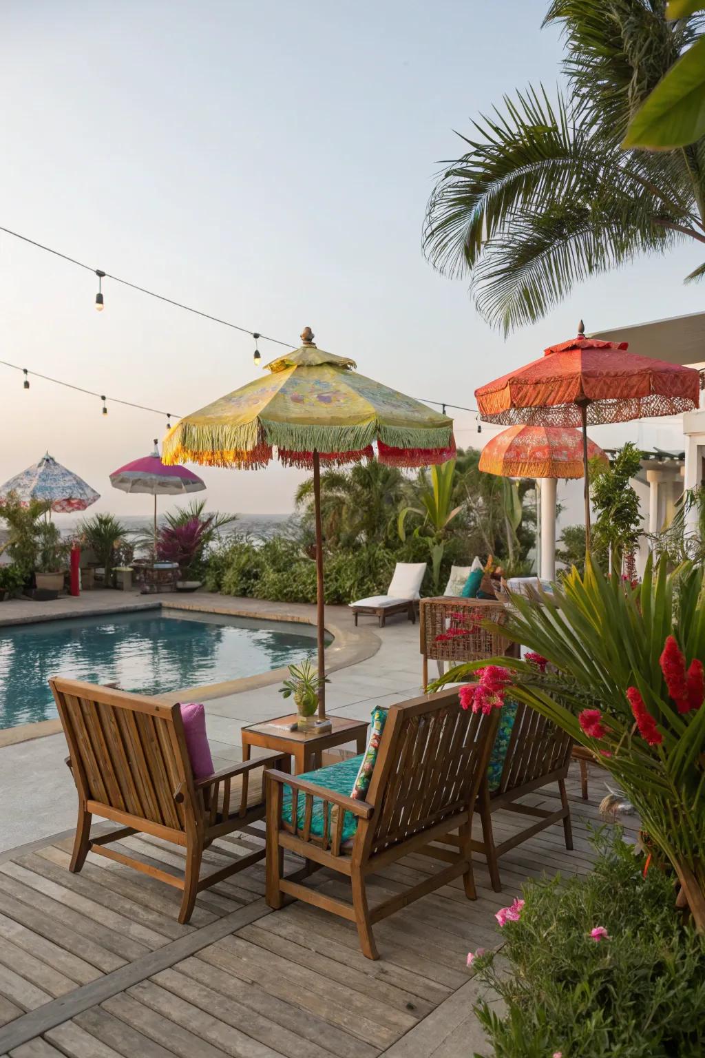 A paradise escape featuring tropical vibes on the pool deck.