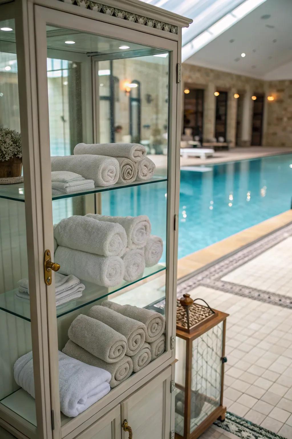 Elegant glass-front cabinet for a sophisticated poolside.