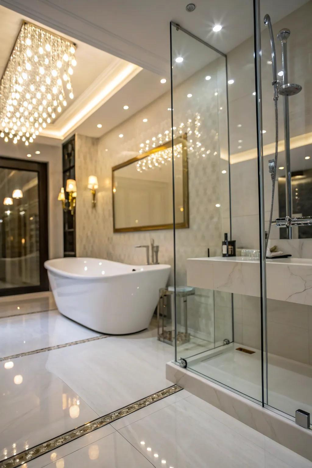 Glossy finish tiles add glamour and openness to this elegant bathroom.
