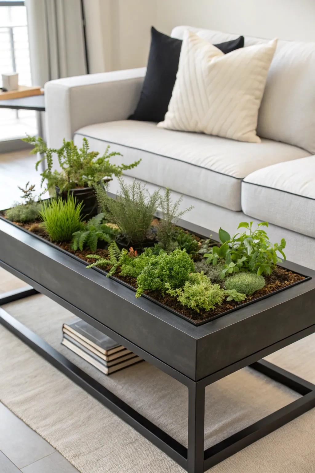 Furniture incorporating integrated planters presents a singular spin on botanical displays.
