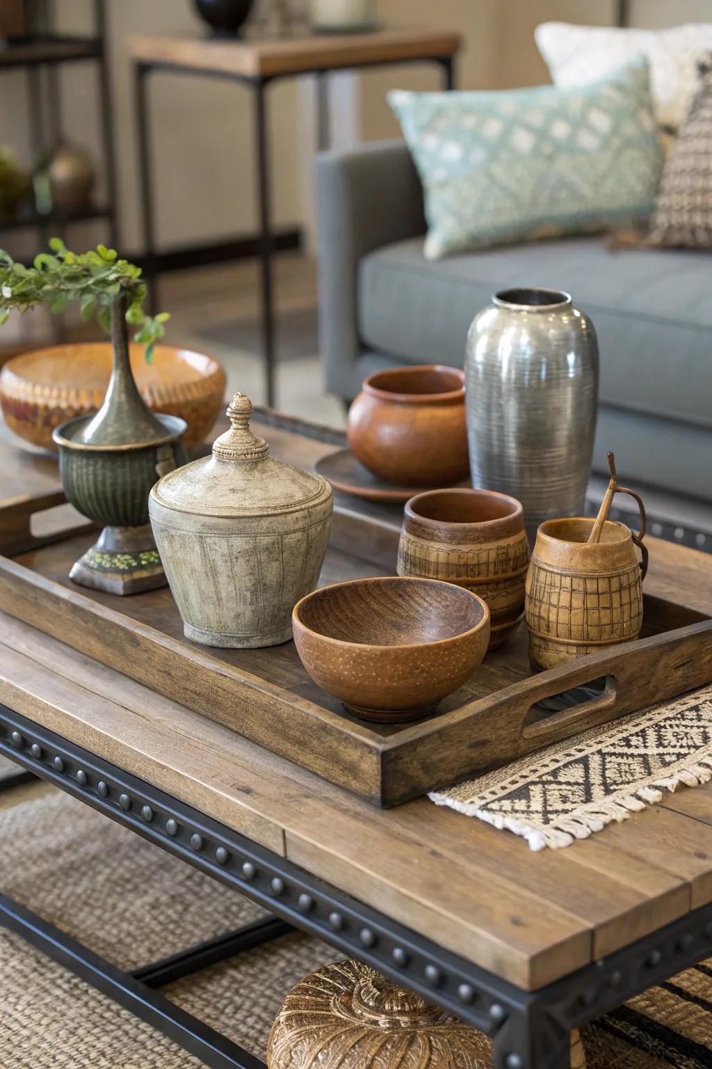 A diverse blend of pottery, wood, and metal on a coffee table.
