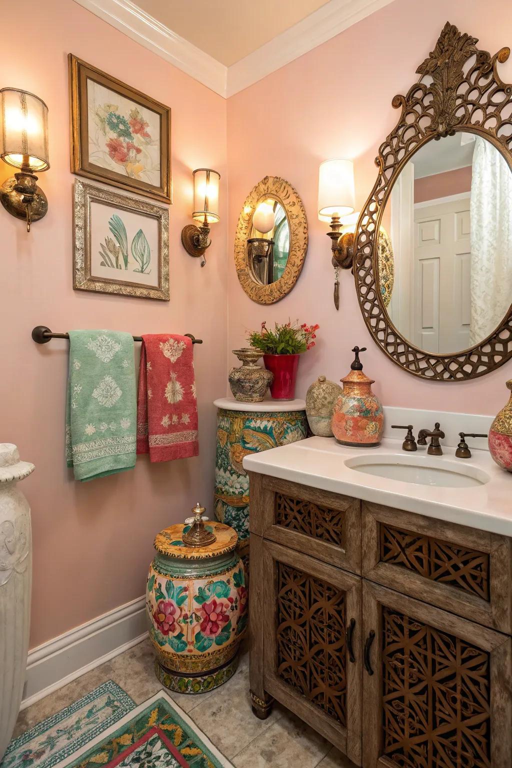 A half-bath brought to life with eclectic and personal accessories.
