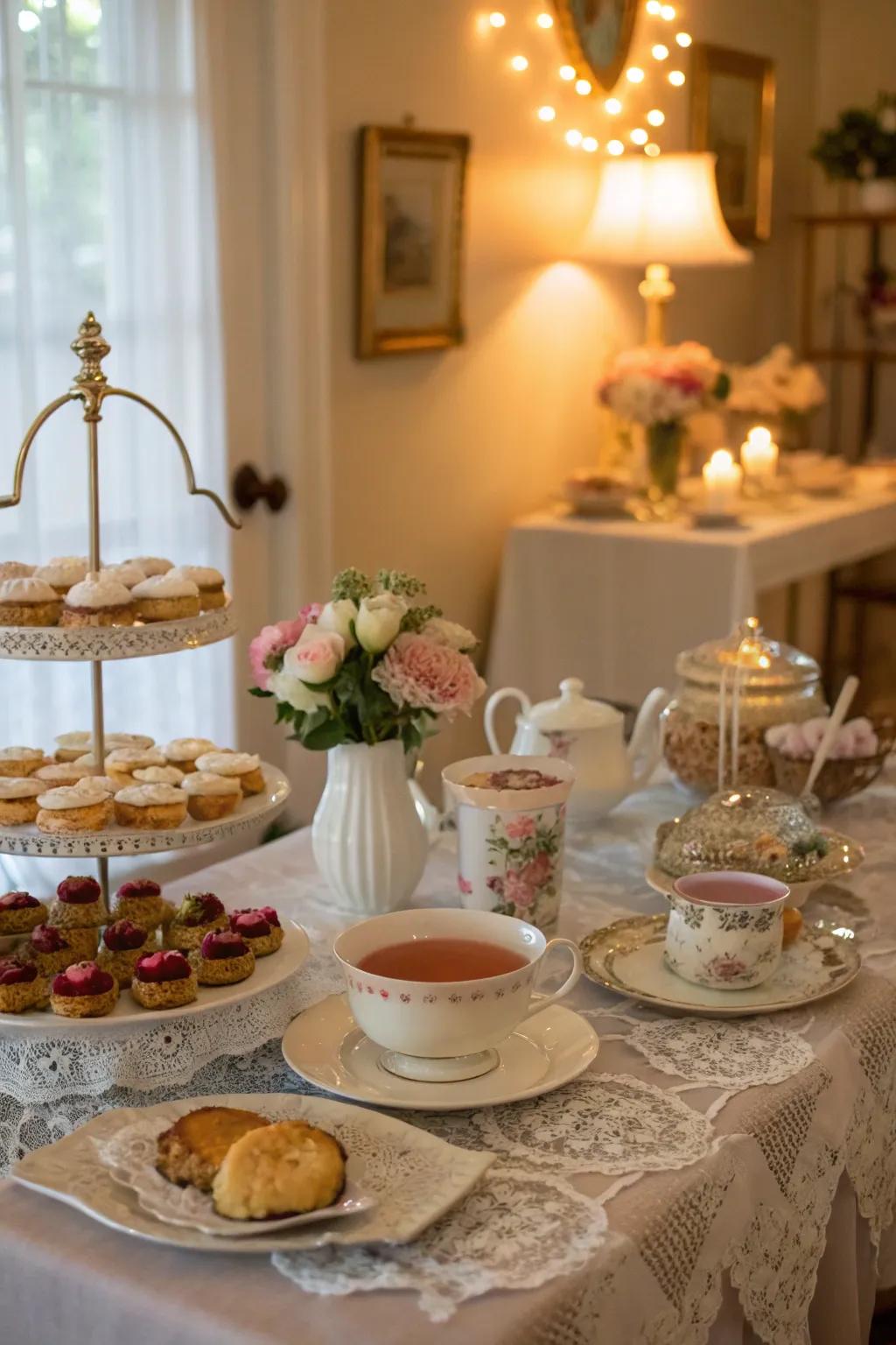 A dining area styled for a vintage tea gathering, featuring delicate china and an assortment of teas and pastries.