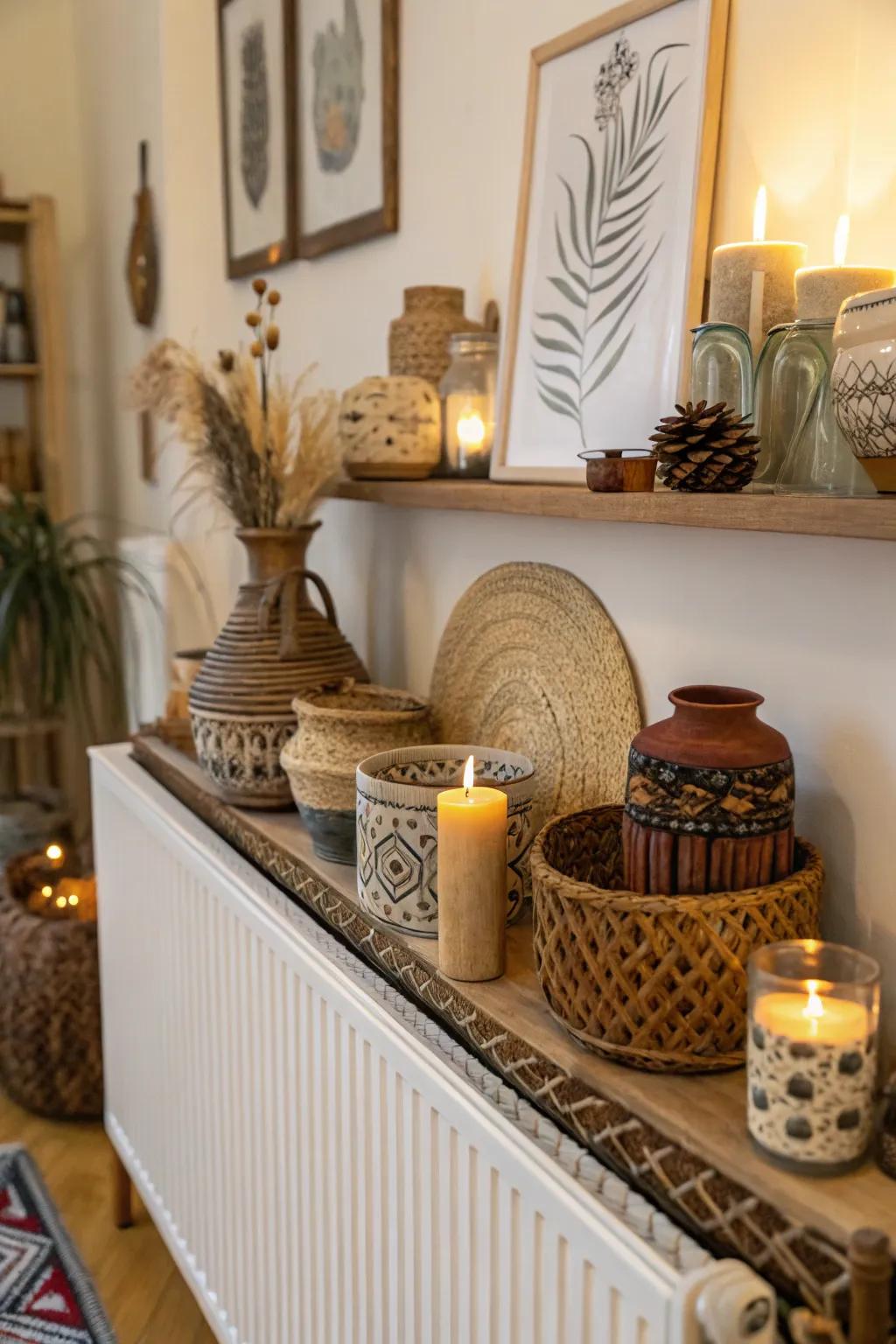 Personalize your environment via artisan-crafted decor elements on your radiator shelf.