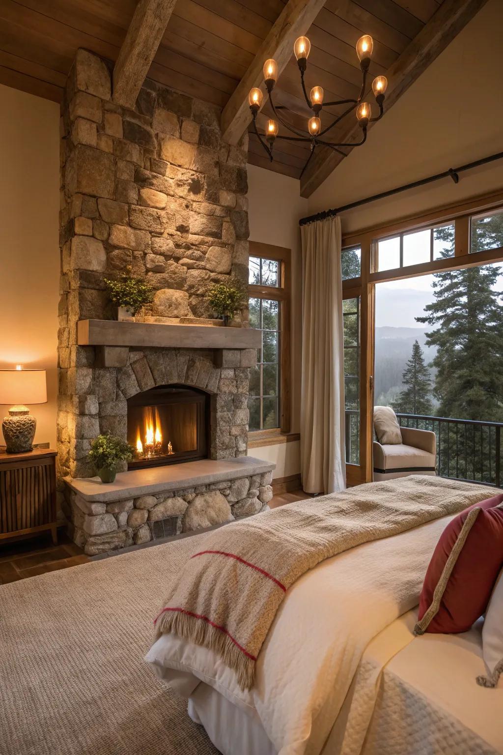 A bedroom showcasing a stone hearth and a cozy ambiance.