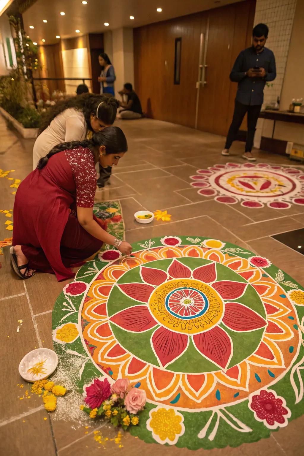 Participatory floor art encourages participation, rendering it a shared celebratory activity.