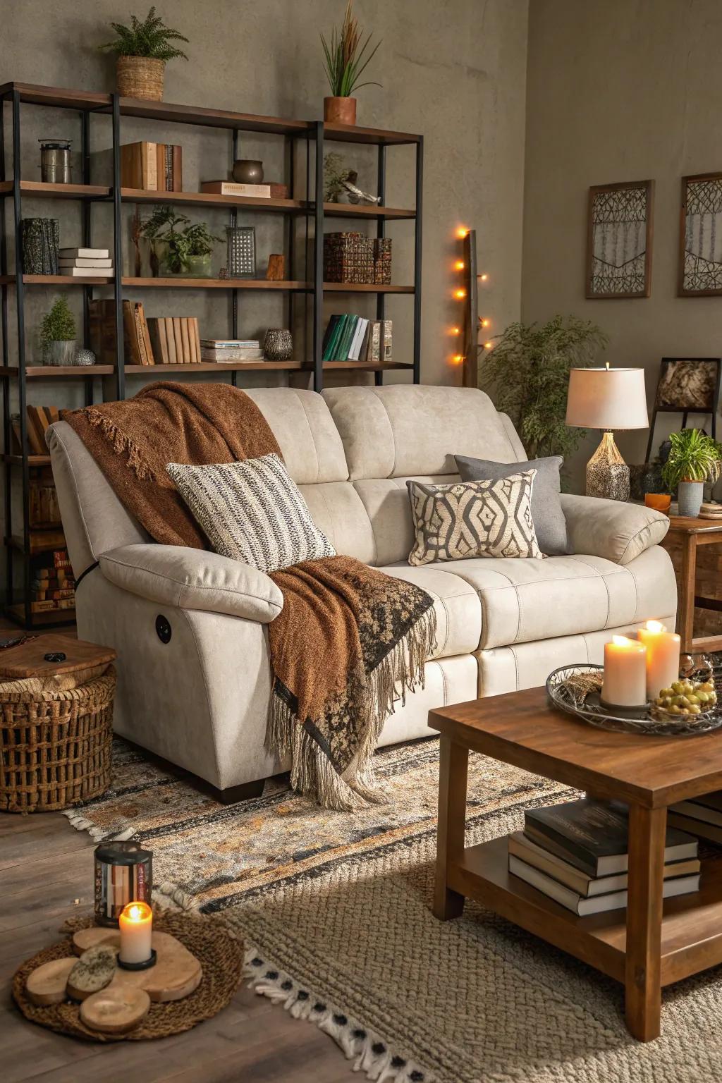 A rich living room atmosphere created by mixing various textures around the reclining sofa.