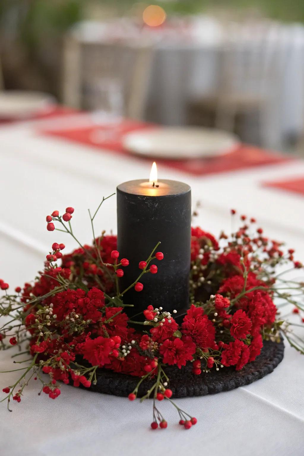 A solitary obsidian light encircled by scarlet blooms for understated opulence.