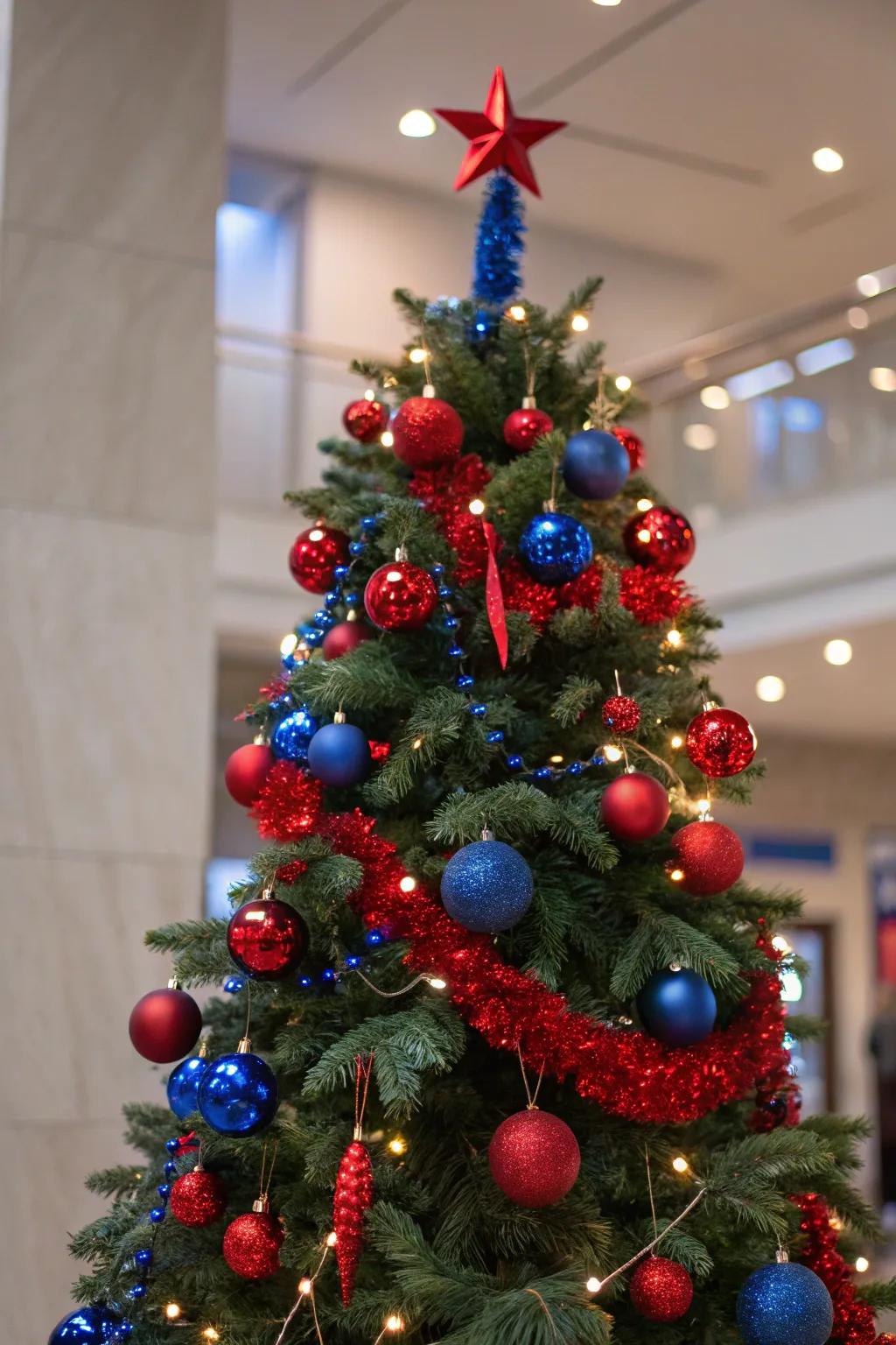 Bold Christmas tree with red and blue accents