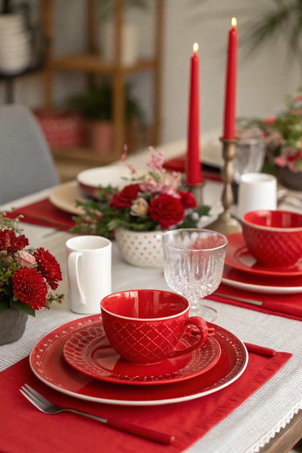 Crimson tableware creates a festive and inviting atmosphere for dining.