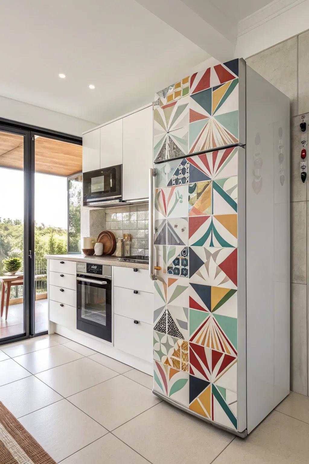 Geometric patterns around the refrigerator create visual interest and sophistication.