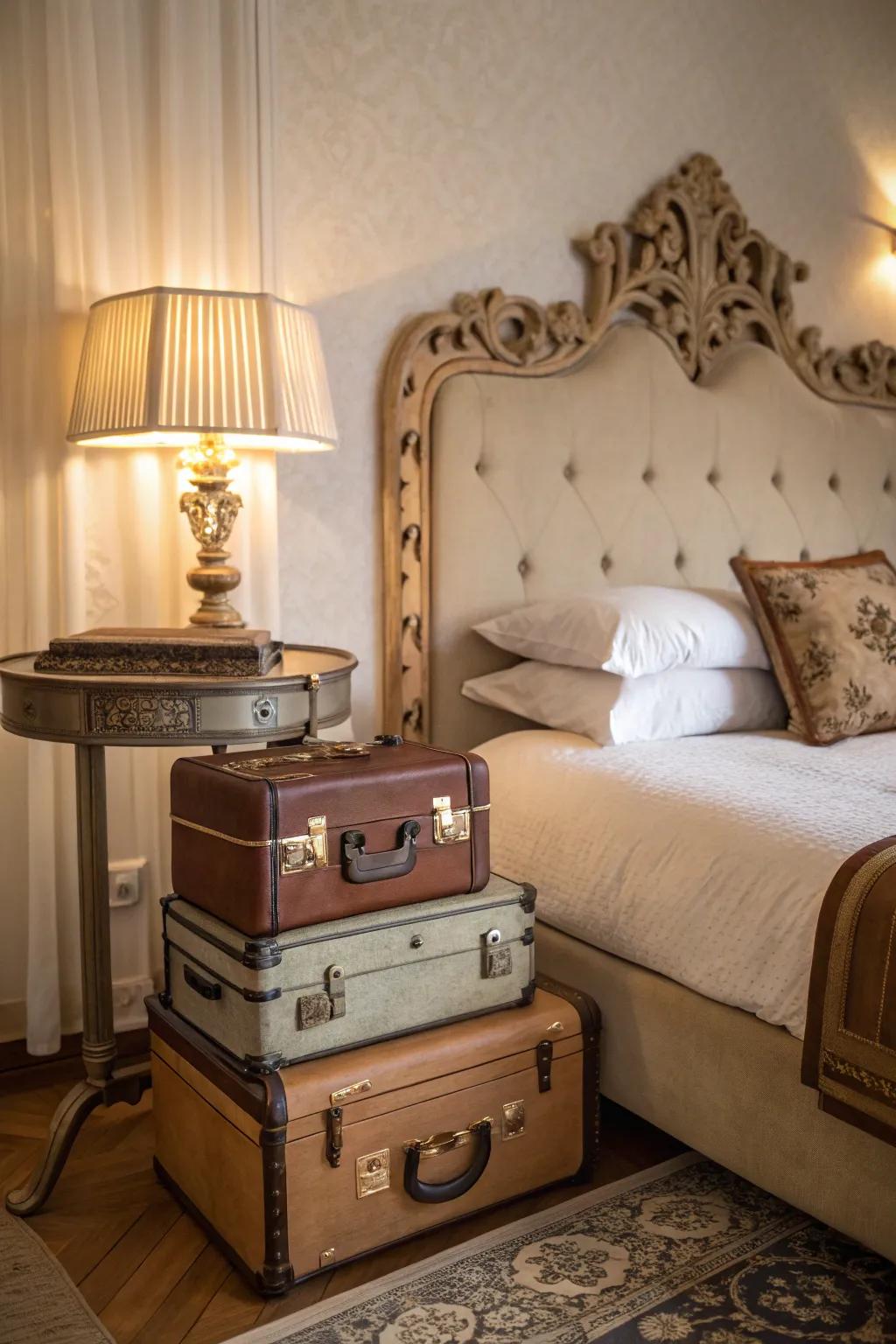 Vintage suitcases add style and storage.