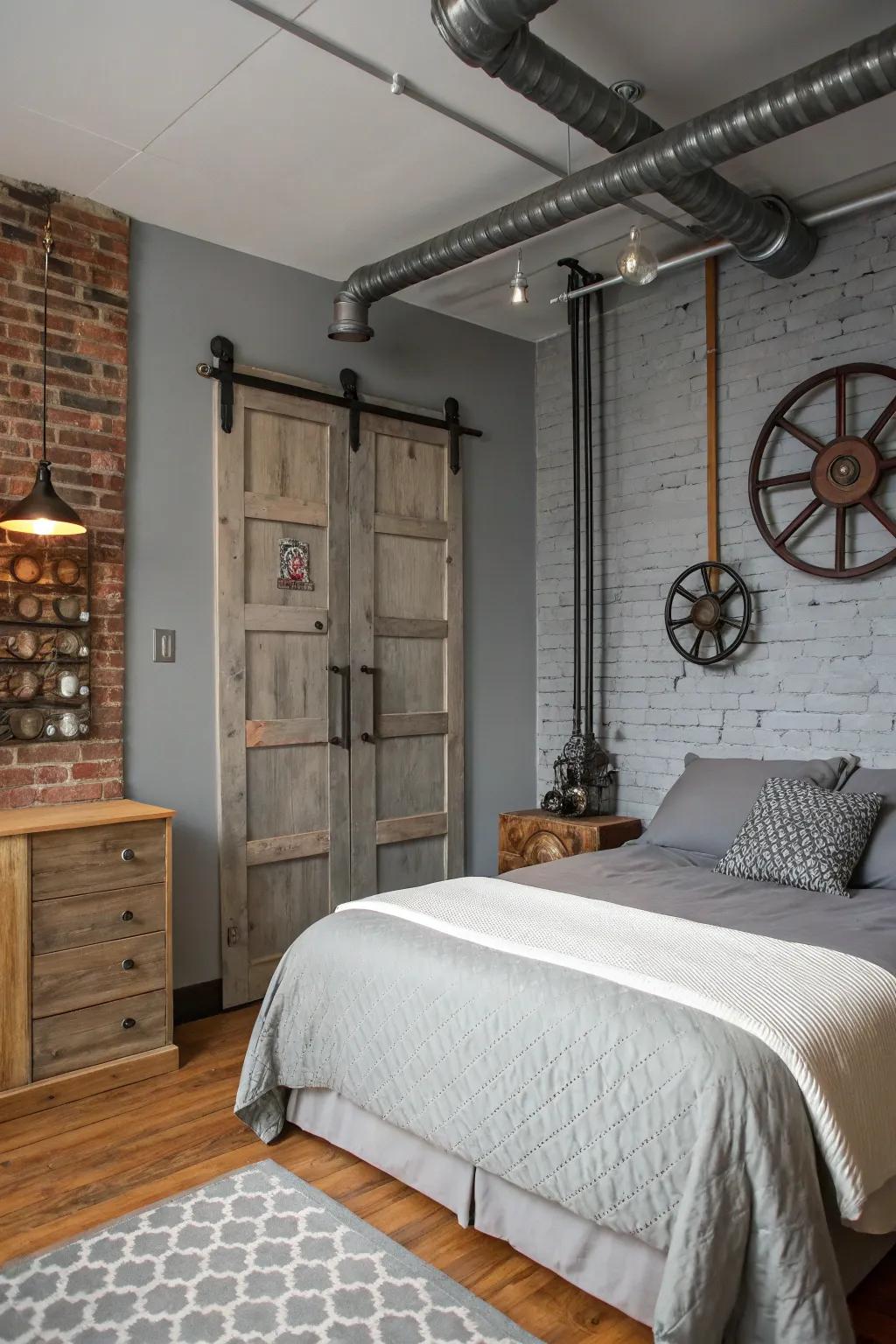 Industrial elements add an edge to a Gentle Gray bedroom.