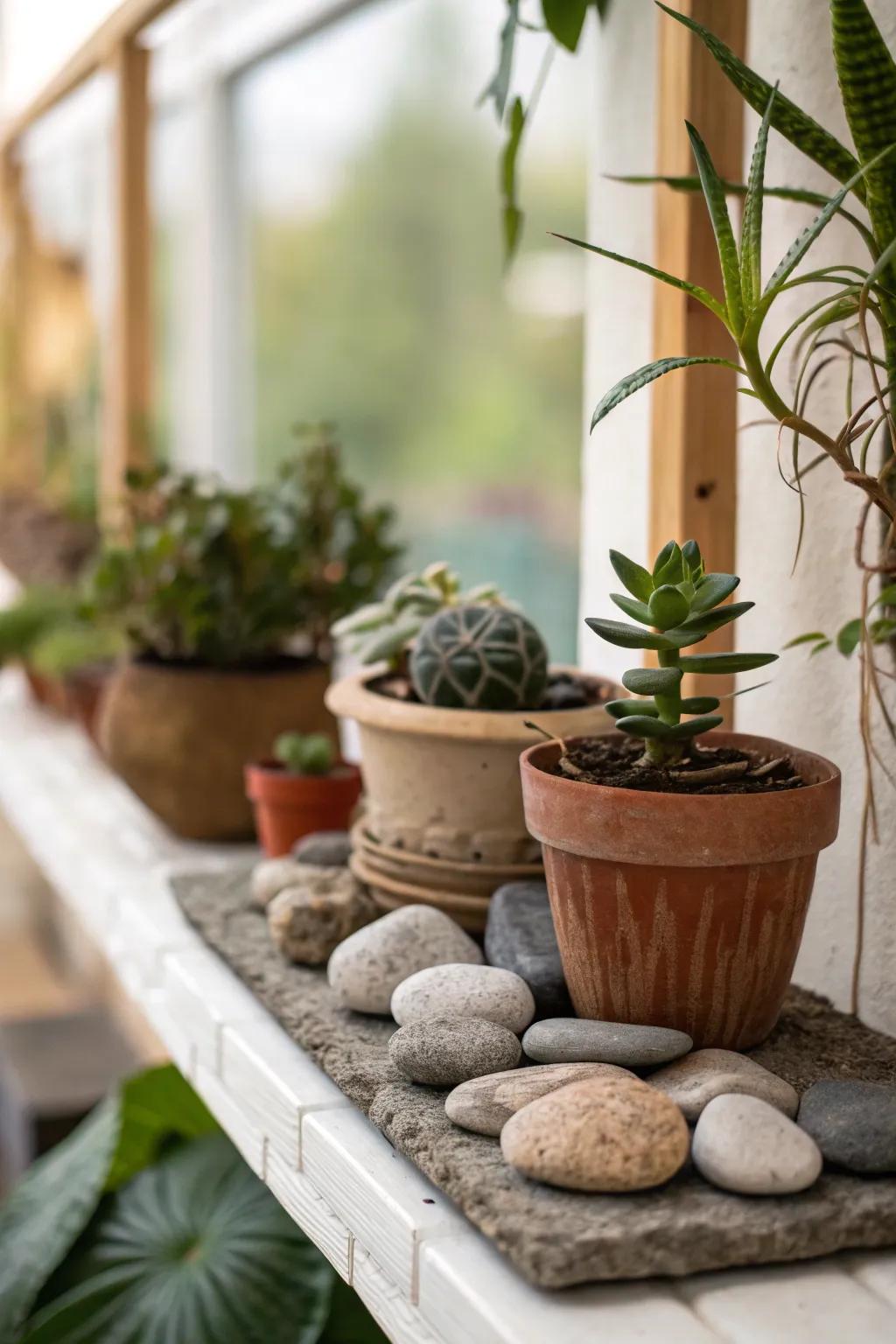 A vibrant vignette with stones and greenery
