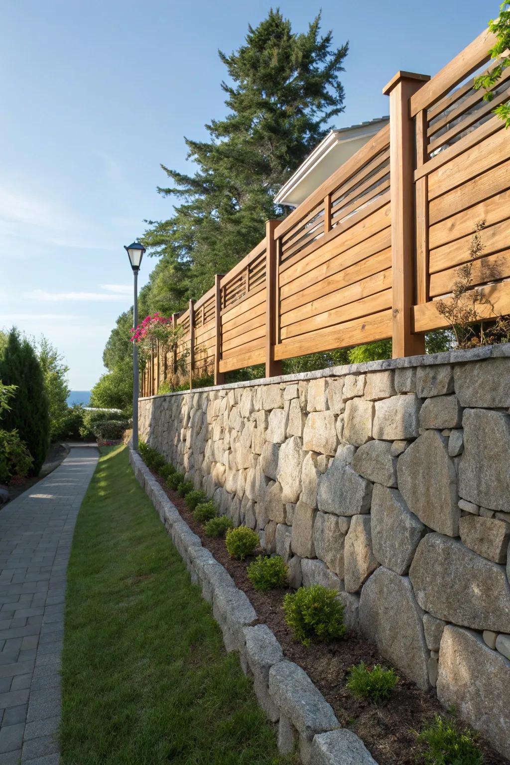 A fence on a stone wall provides seclusion and sophistication.