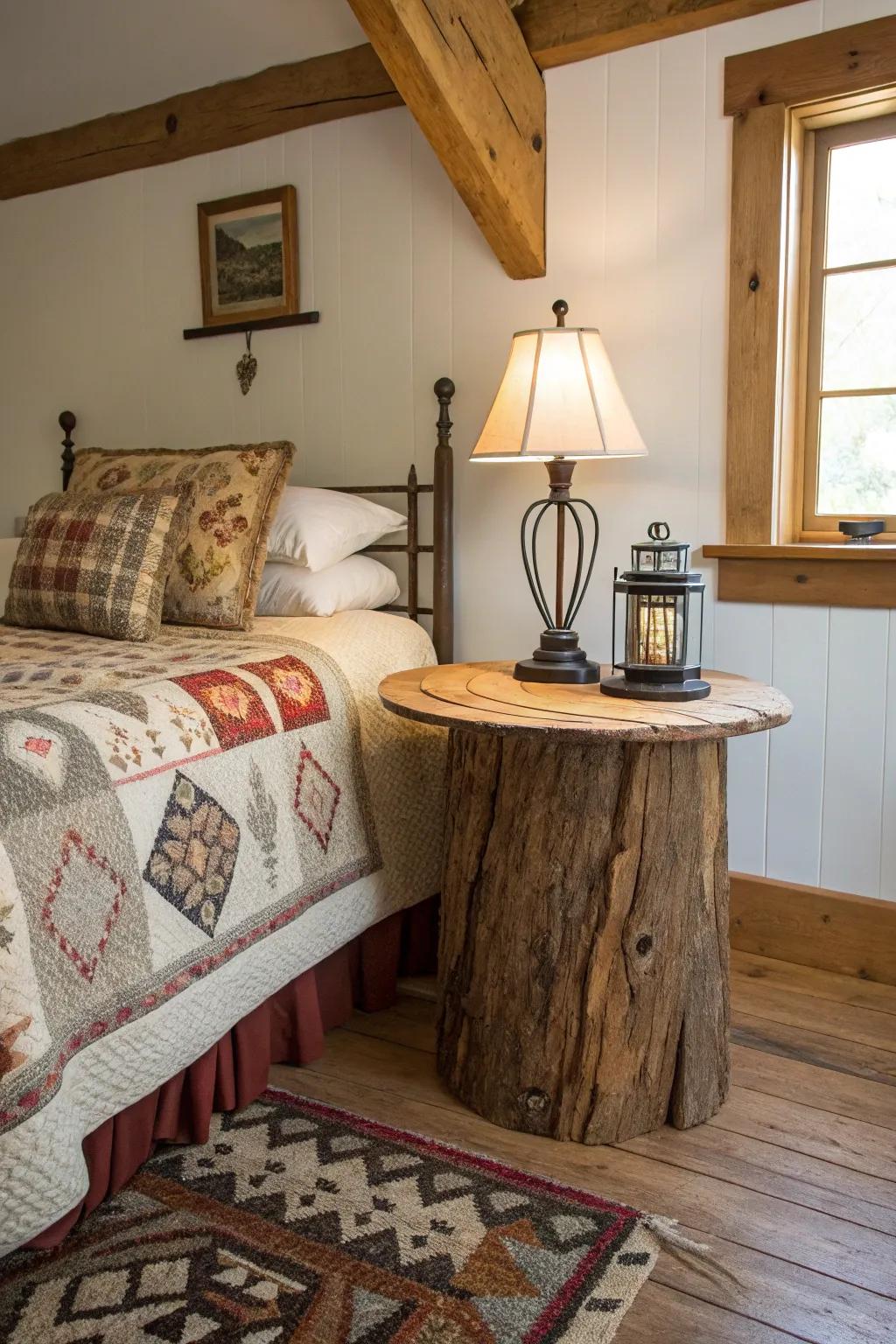 Raw edge wood tables add rustic character.