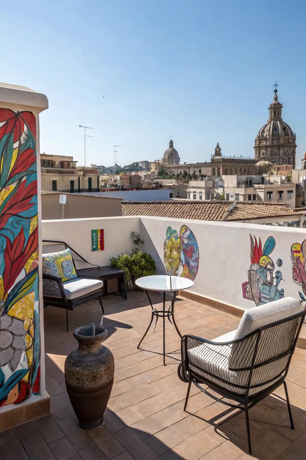 Artistic touches bring personality and intrigue to a rooftop.