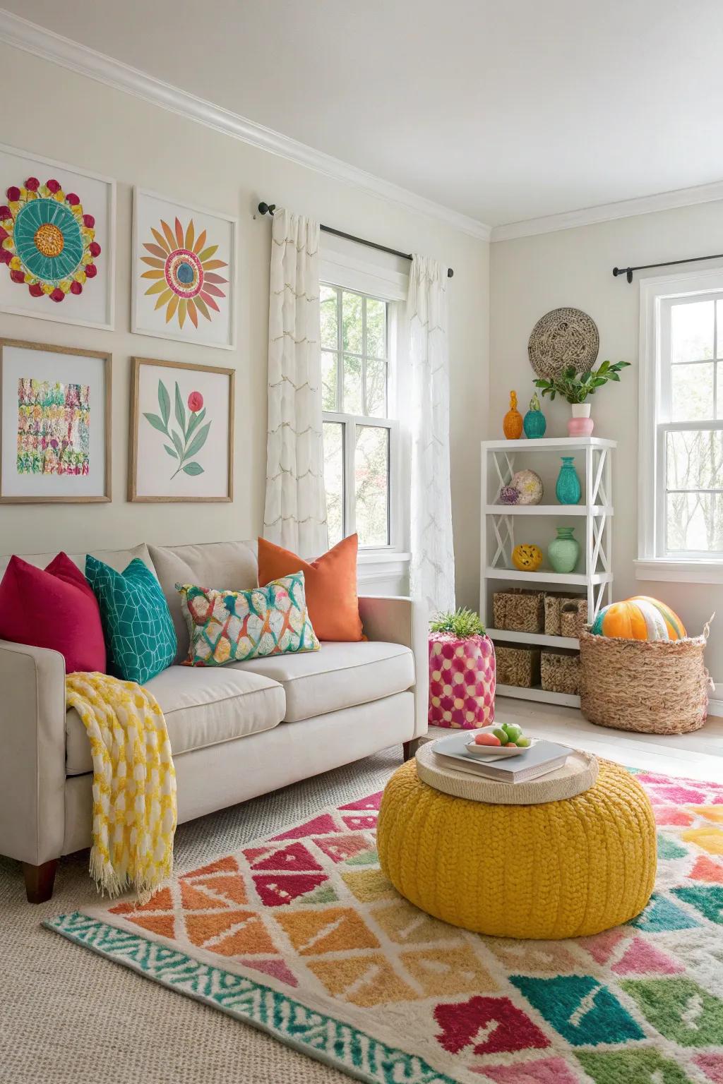 A lively room with unexpected and fun pops of color.