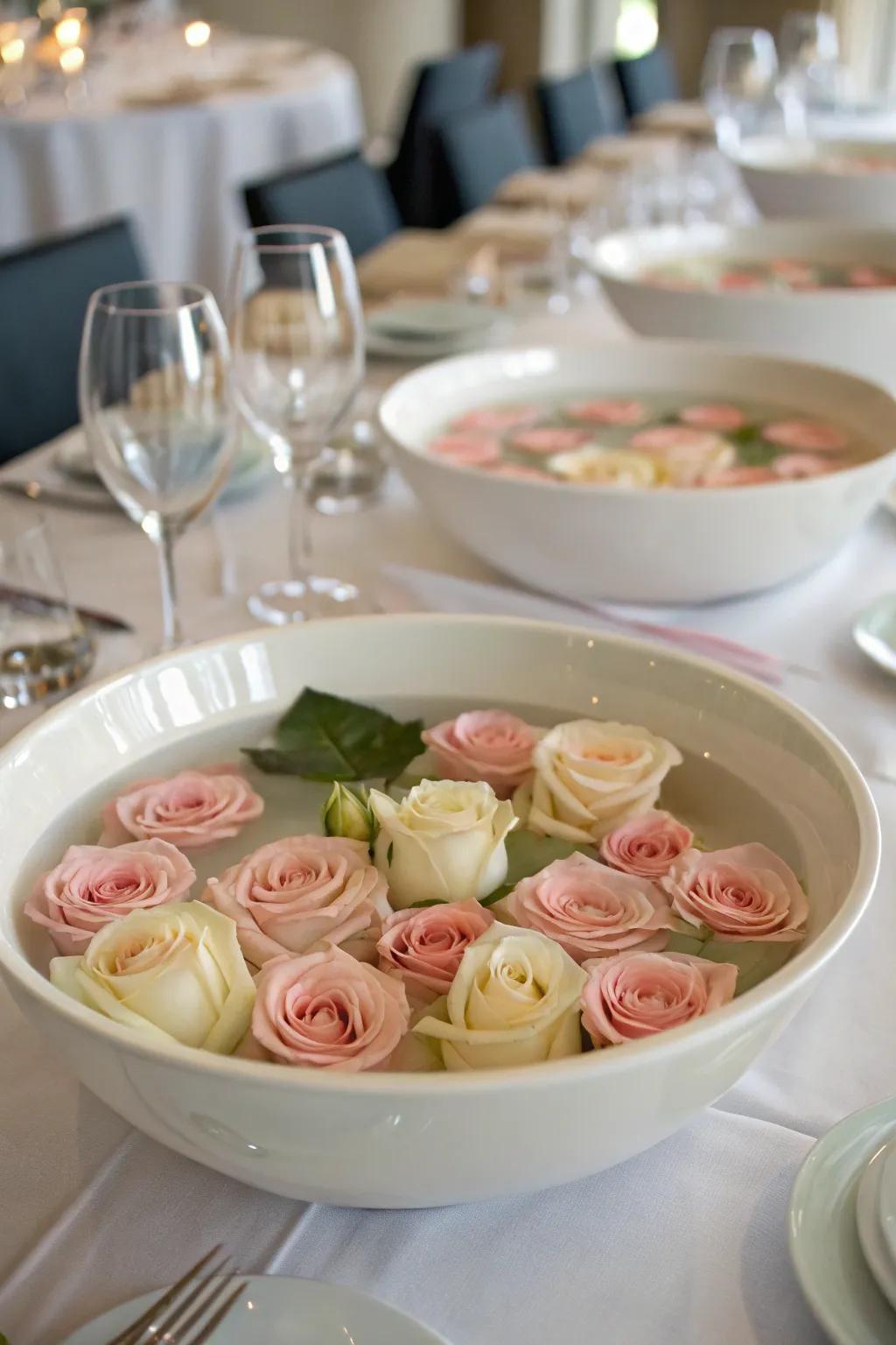 Serene and captivating by way of drifting roses nestled in bowls.