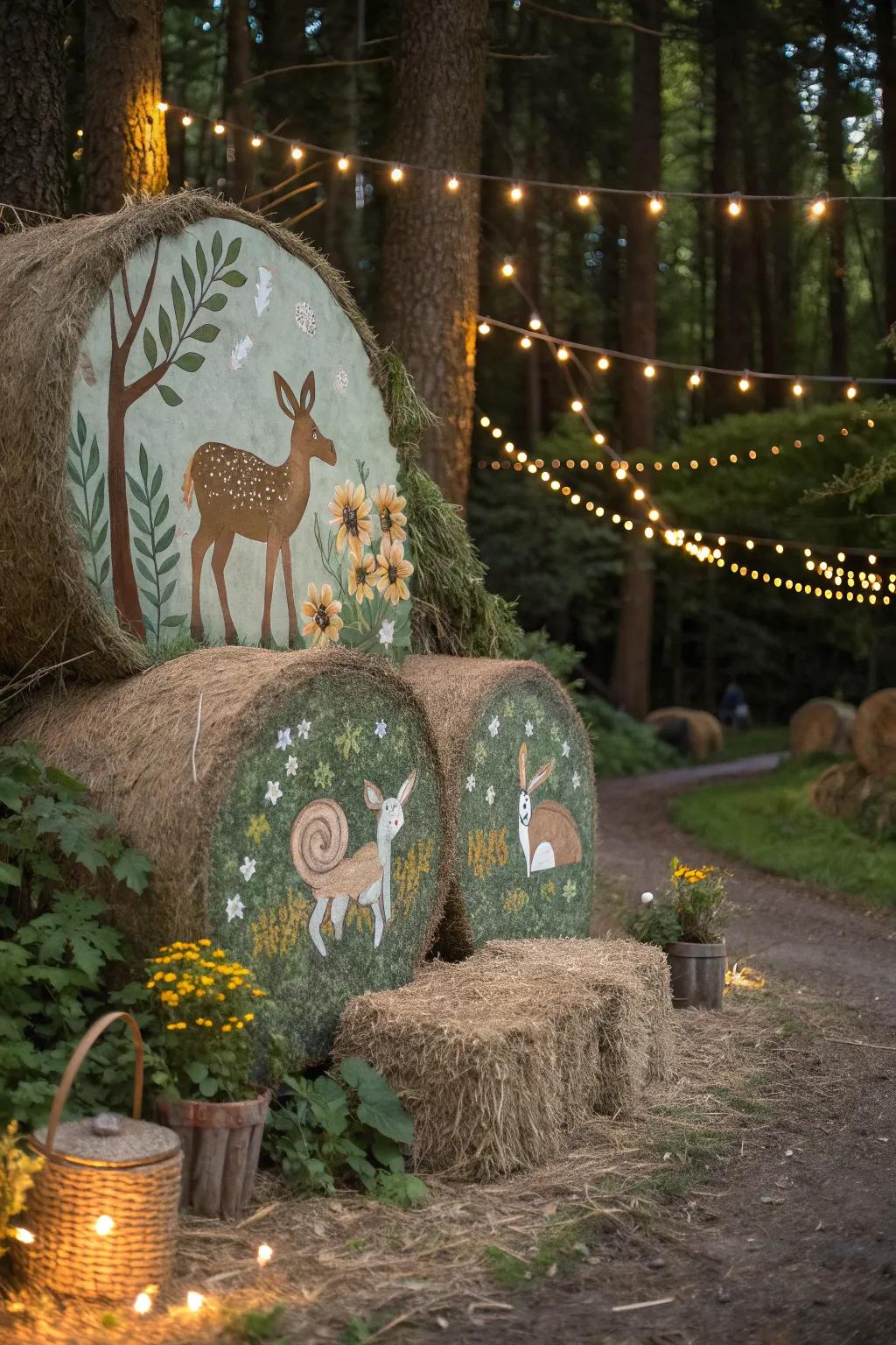 Step into a magical world with hay bales as the centerpiece of an enchanted forest scene.