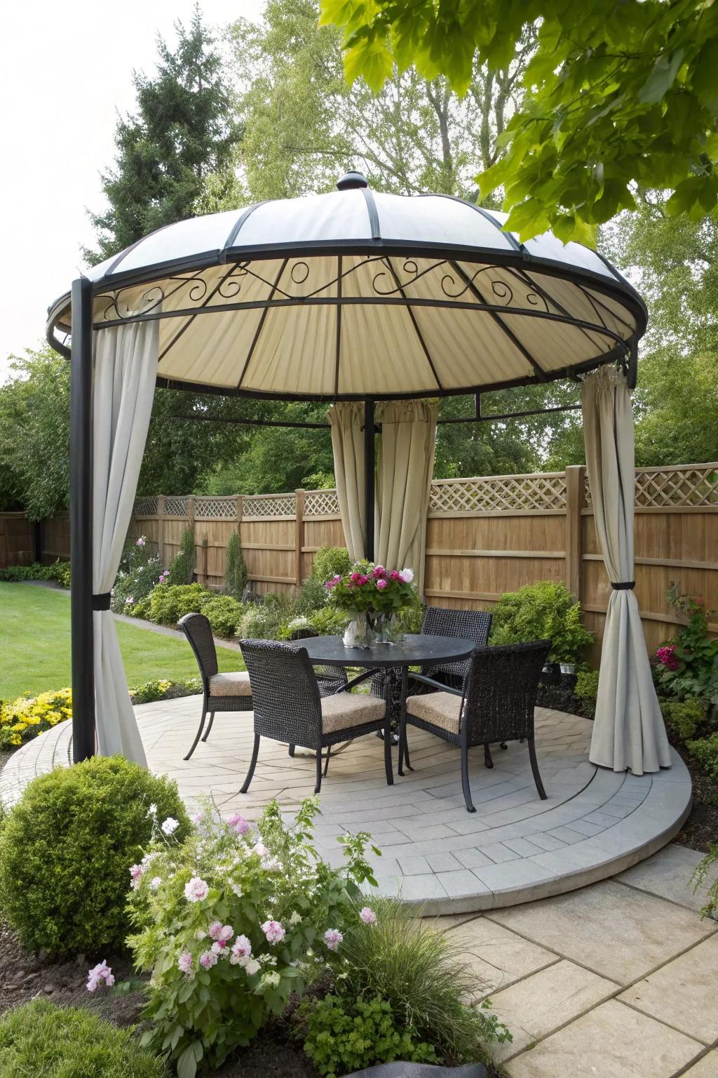 A canopy offers shade and flair to this patio.