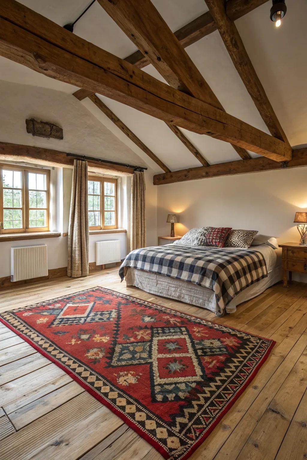The entire space is tied together by a bold floor covering.