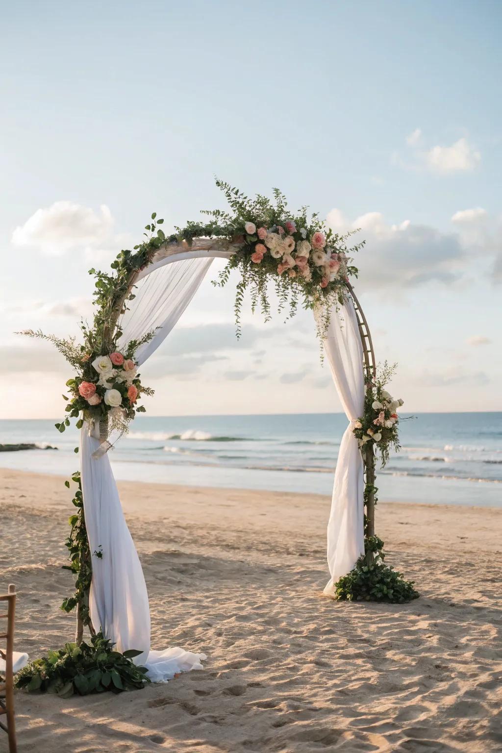 A seemingly floating arch, adding a hint of the supernatural to a seaside ceremony.