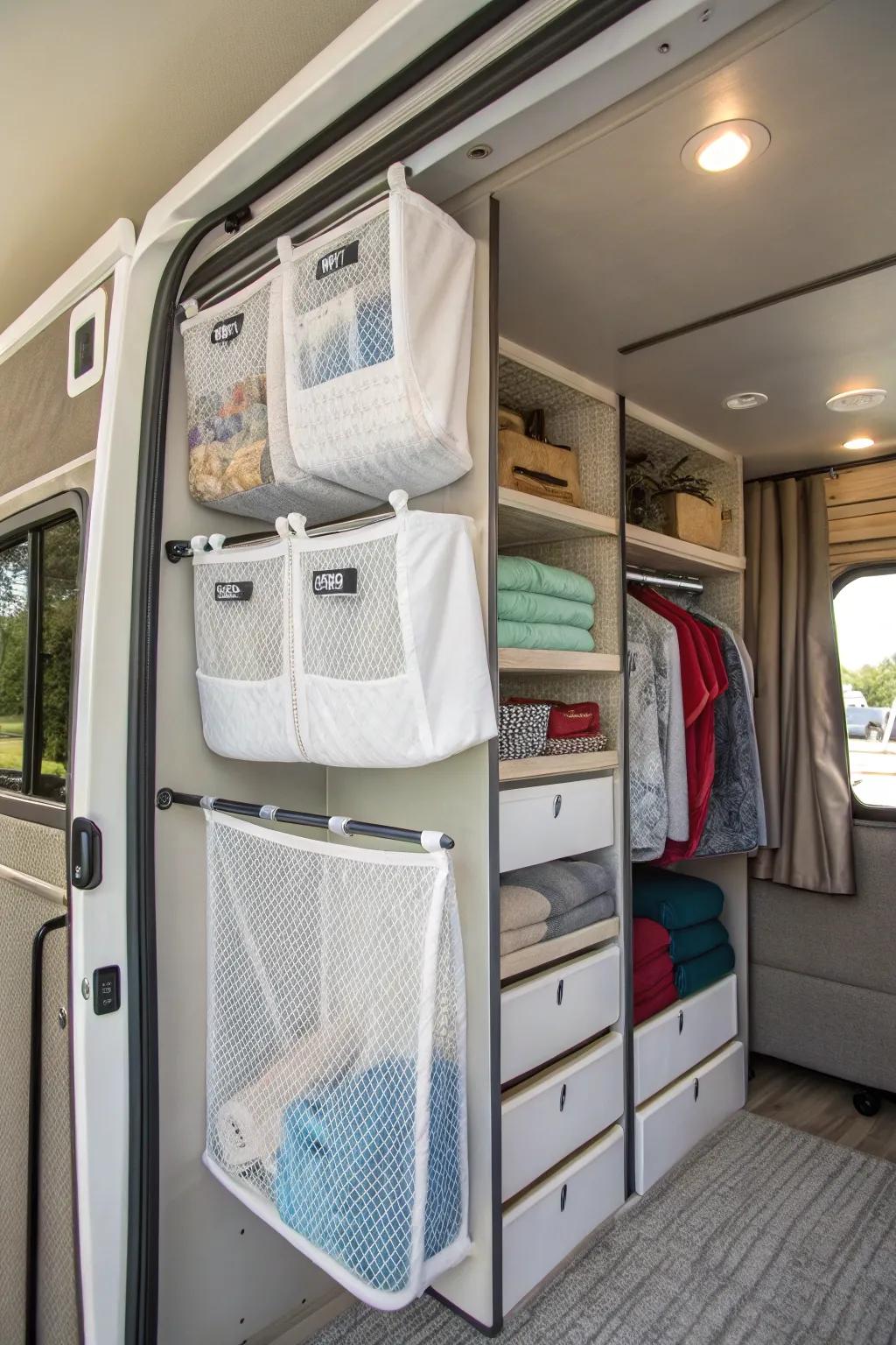Overhead storage nets make effective use of ceiling space in an RV closet.
