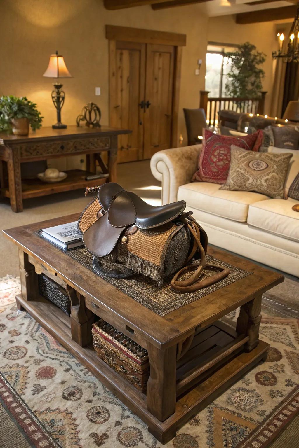 On this living room's coffee table, an equestrian centerpiece gives off a rugged charm.