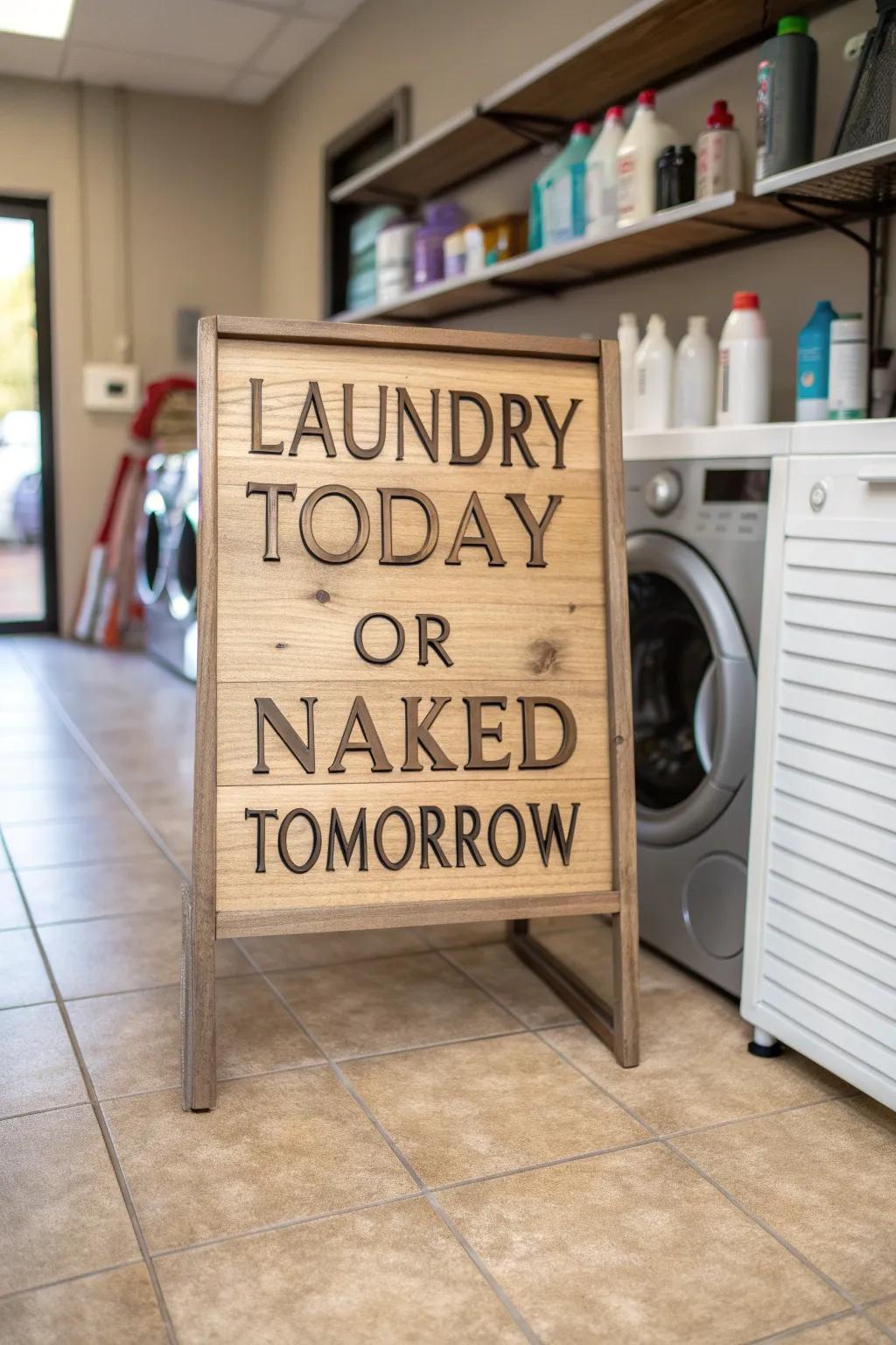 Add humor to chores with a playful laundry sign.
