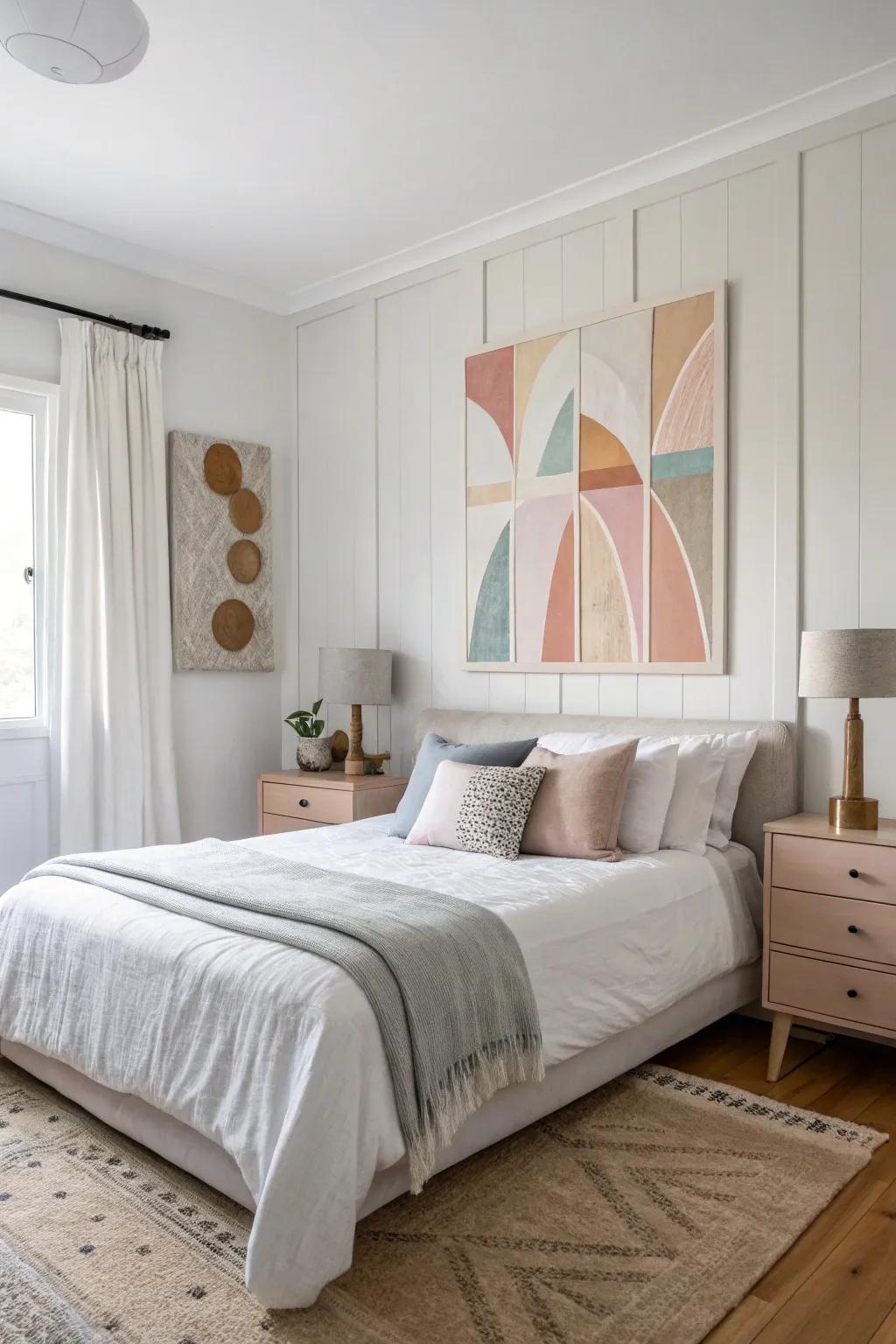 A bedroom exhibiting a DIY abstract material painting in a Scandinavian style