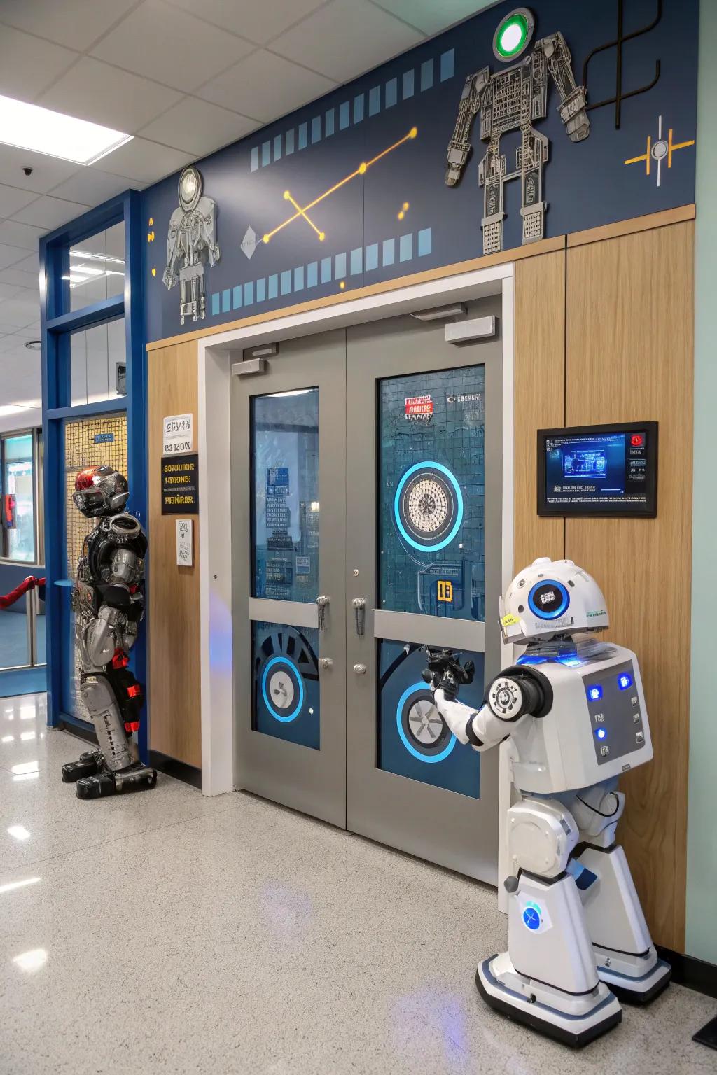 A futuristic tech-themed academic entrance featuring innovative designs.