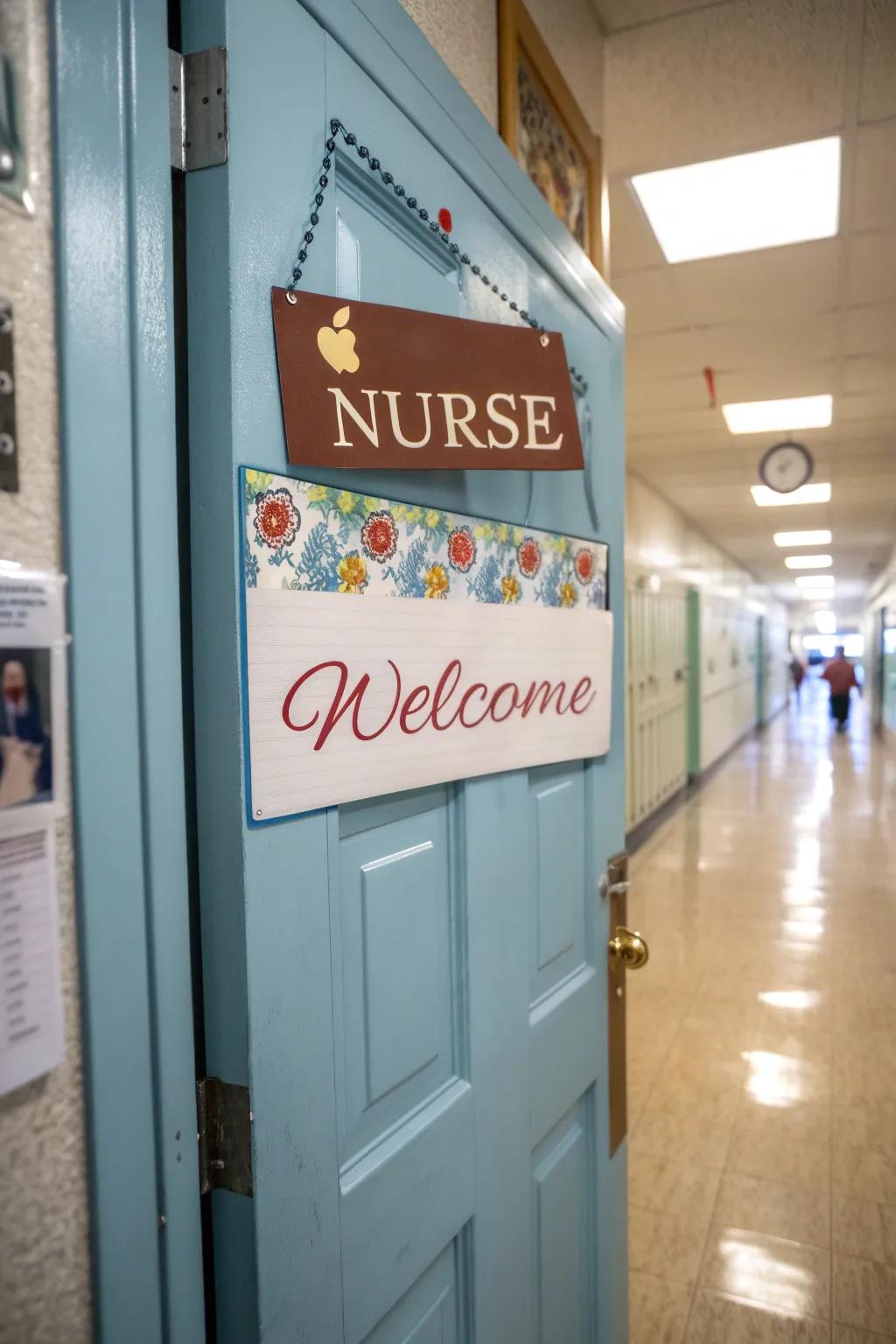 A personal touch is seen on the school nurse door with a welcome sign.