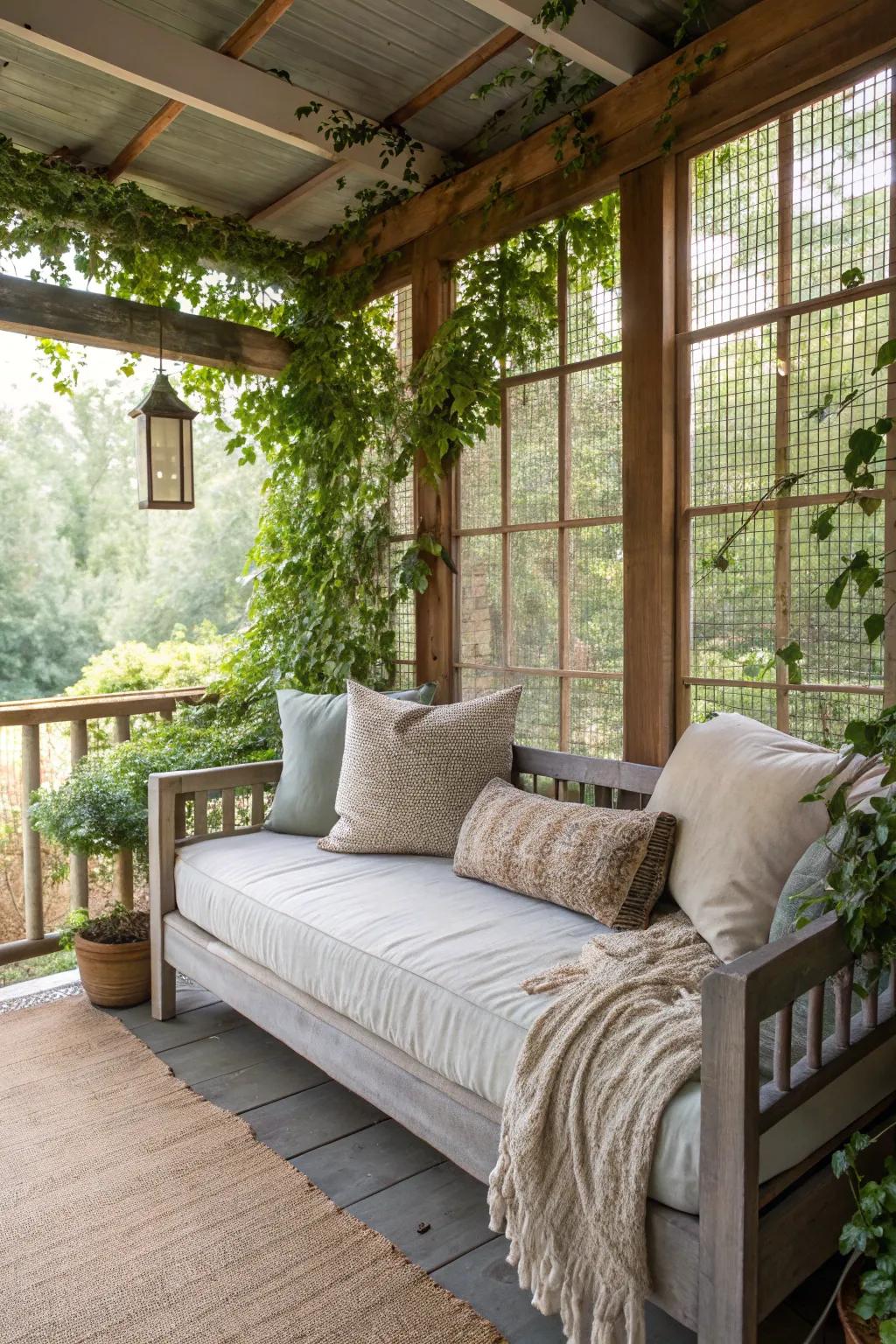 A daybed on the porch births a cozy spot for snoozes and stargazing.