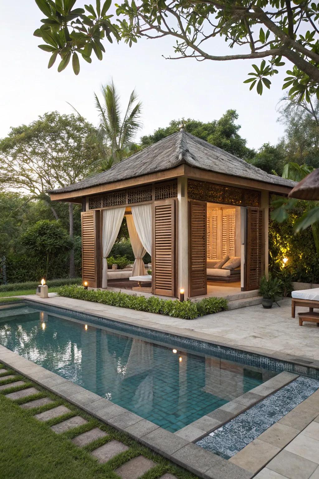 A semi-inground pool featuring a cozy cabana for ultimate relaxation.