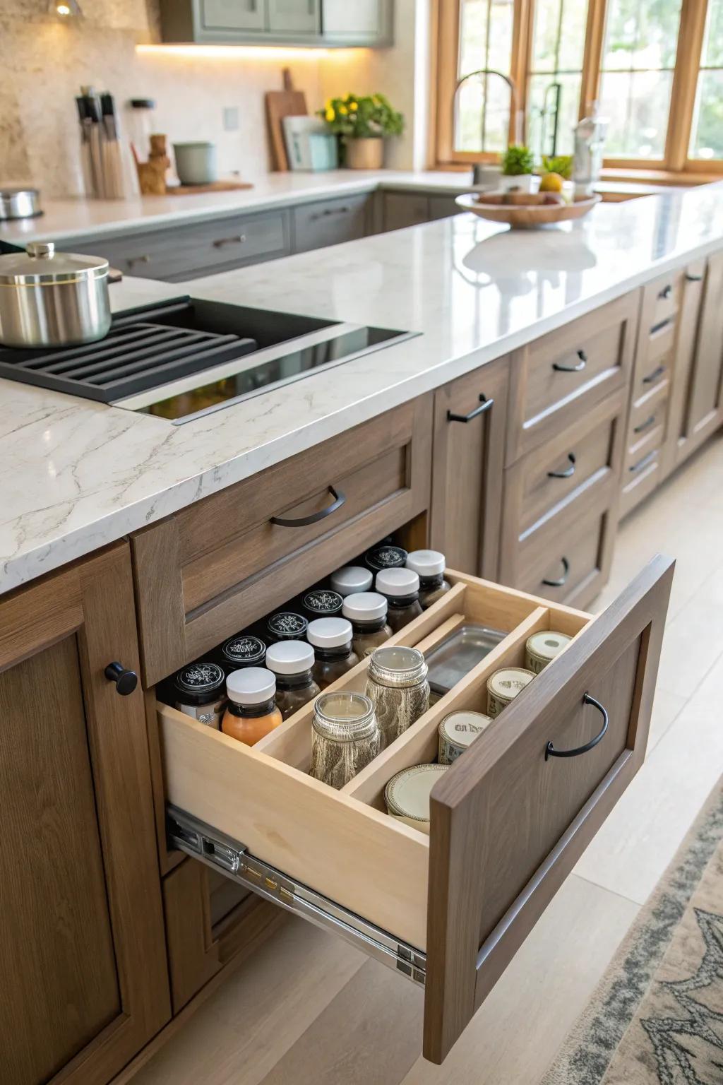 A hidden compartment drawer offers discreet storage for blending bottles.