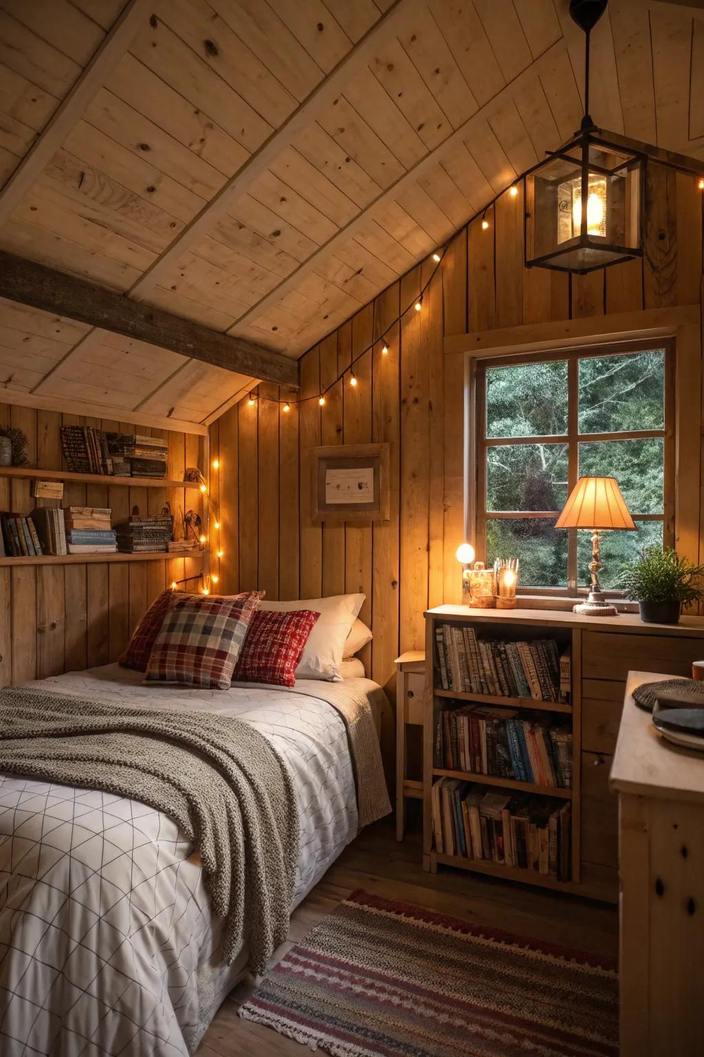 Smart lighting solutions create a versatile and inviting shed bedroom.