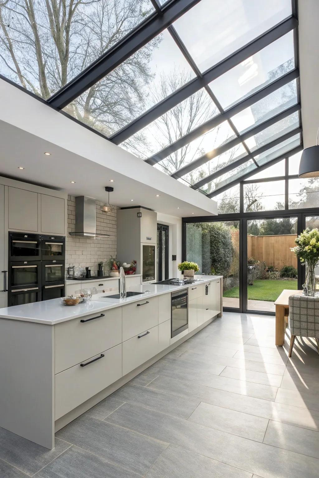 Glass boards enhance light and style in a modern cooking space.