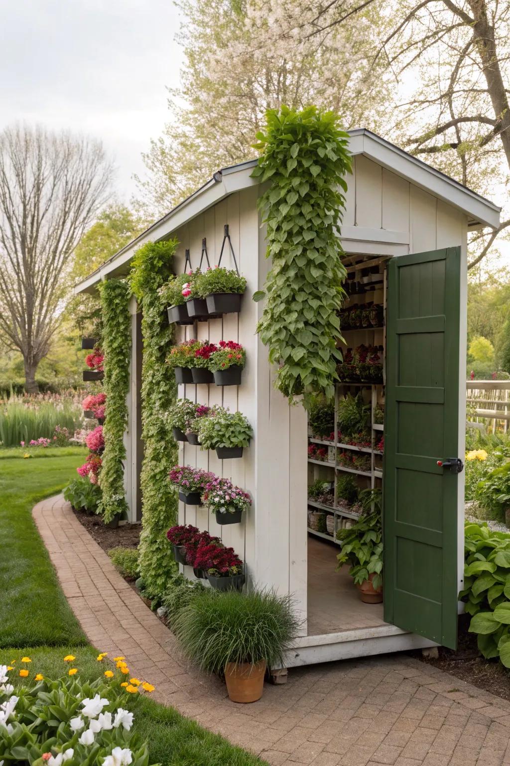 A garden shed featuring a vibrant vertical flora arrangement.