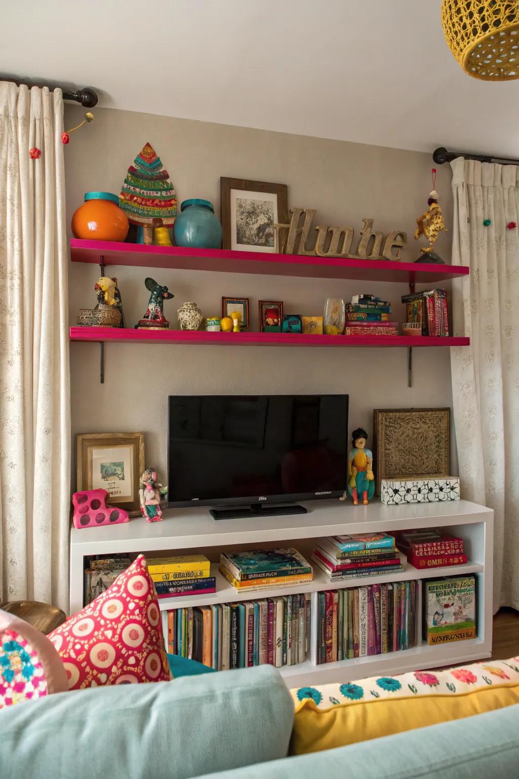 A splash of vividness appends energy and personality above the TV.