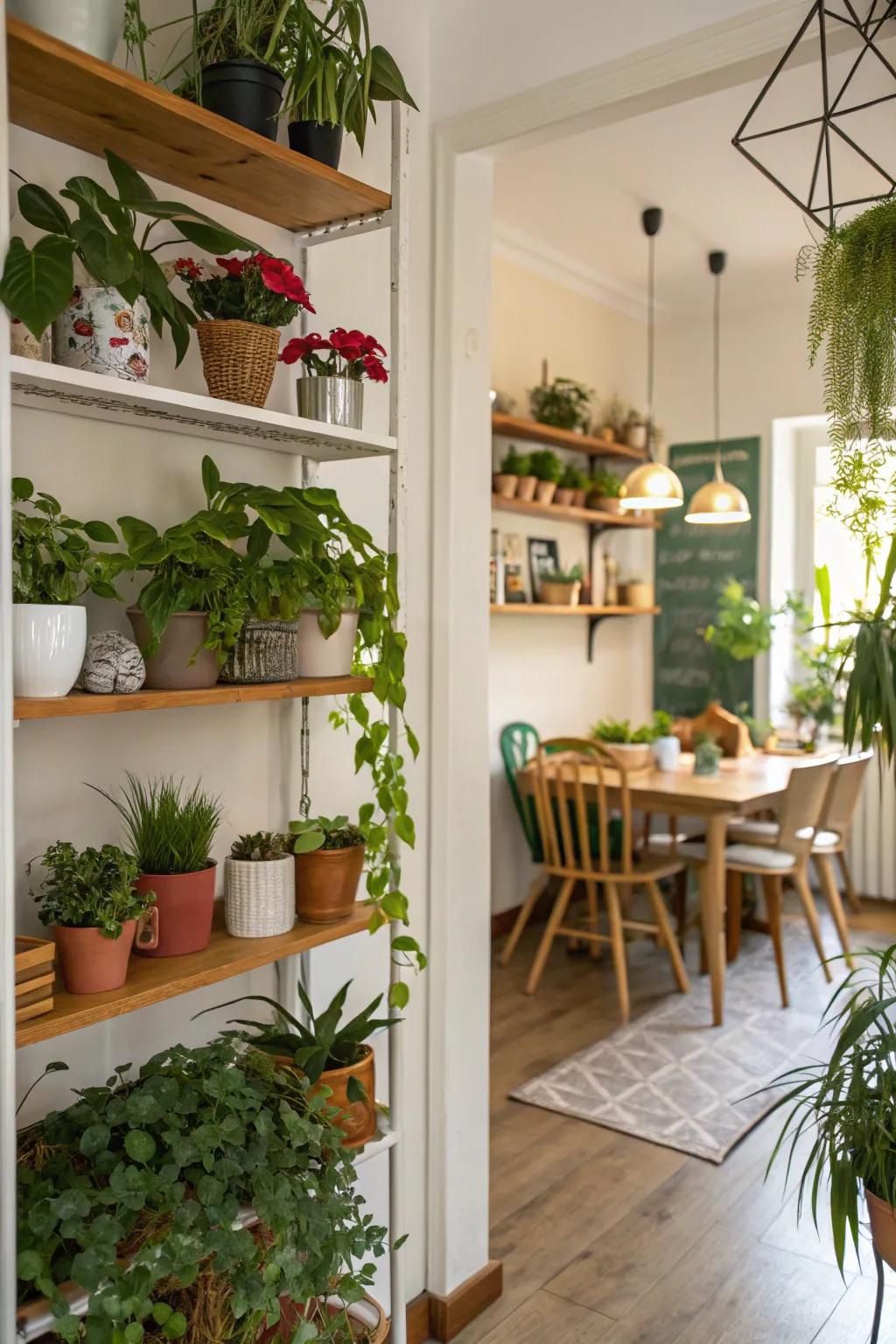 Infusing a revitalizing hint of vegetation across shelves revamping the dining room.