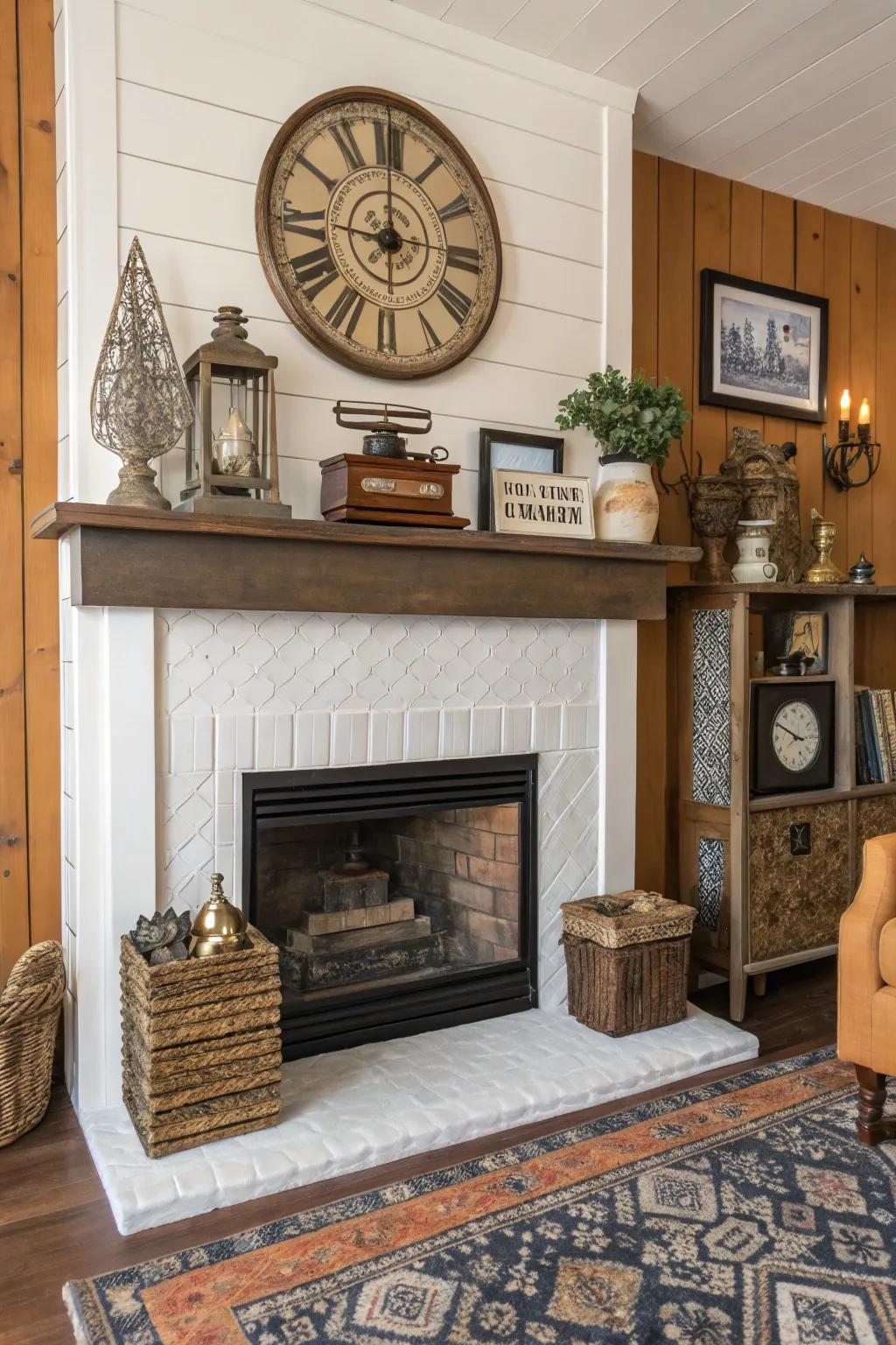 Varied shiplap fireplace creatively blends tradition and modernity.