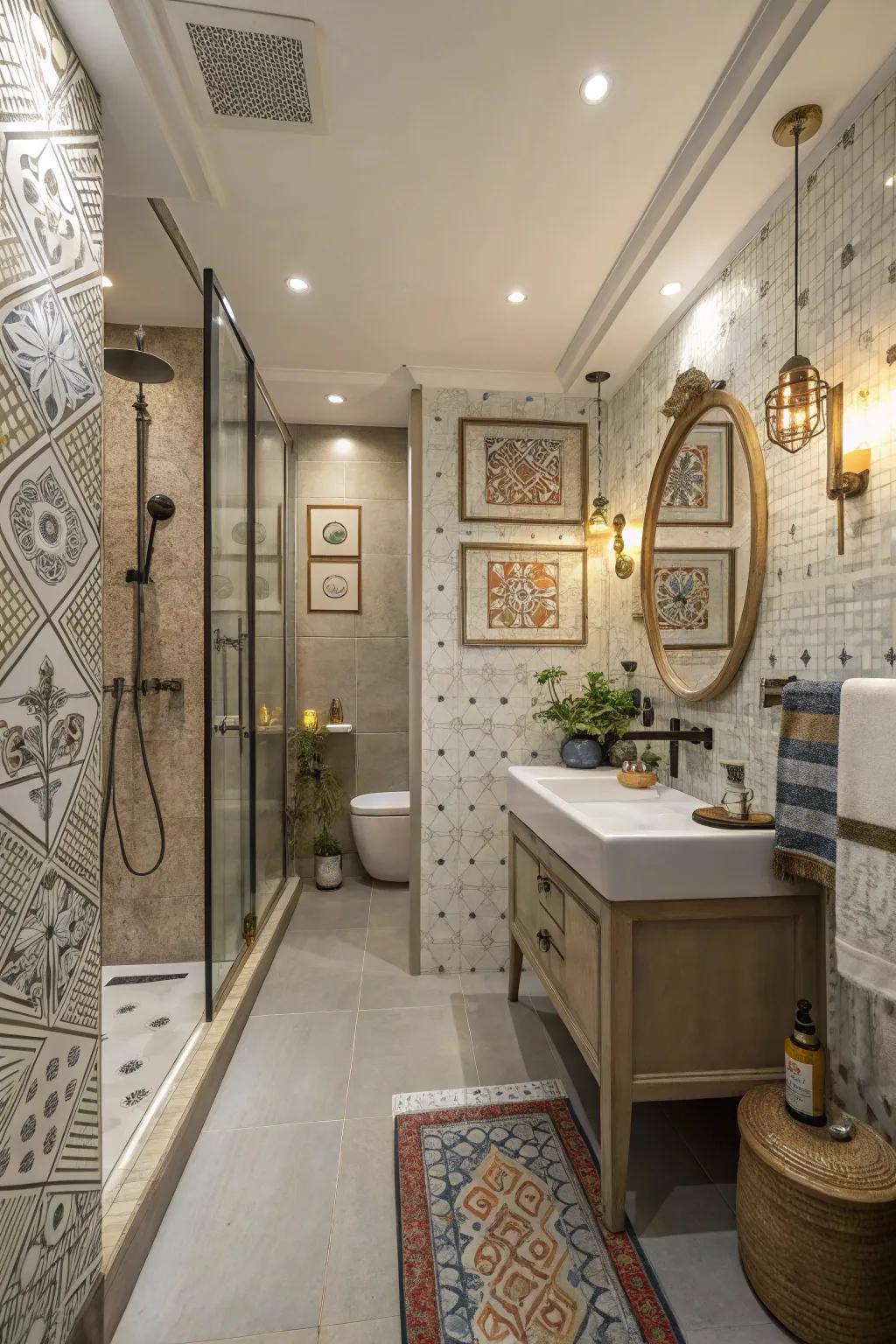 A personalized and stylish washroom featuring artistic details.