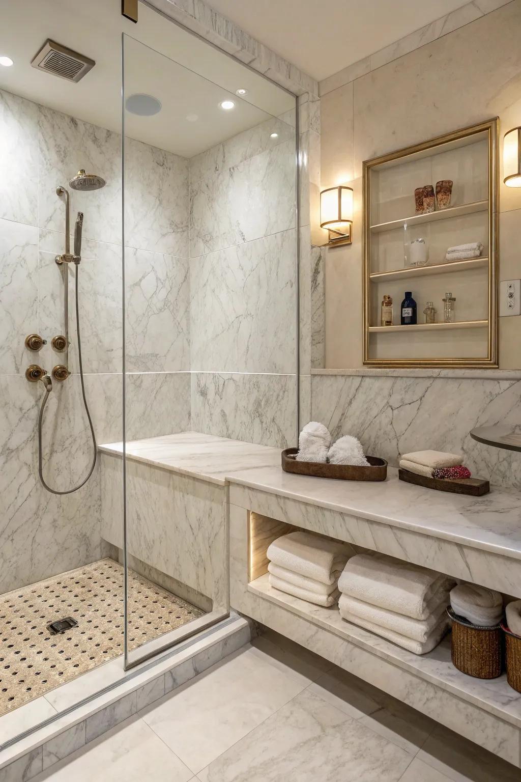 Shower benches provide comfort and extra storage options.