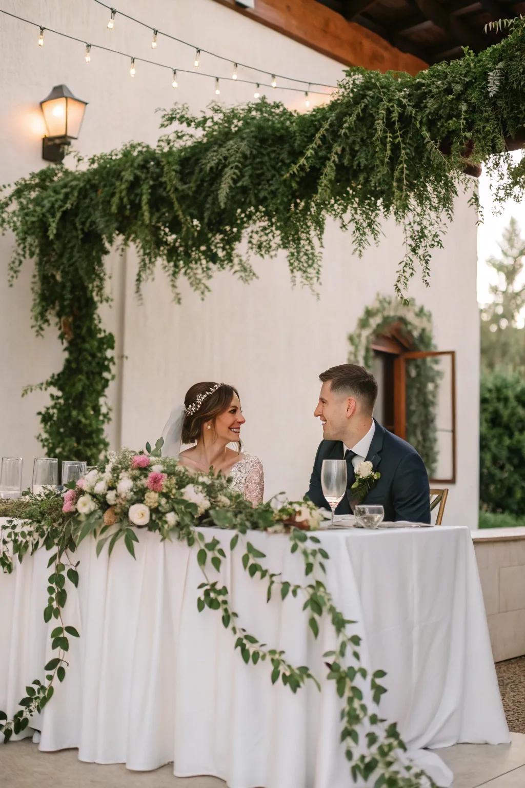 A bride and groom table beautifully draped with lush greenery.